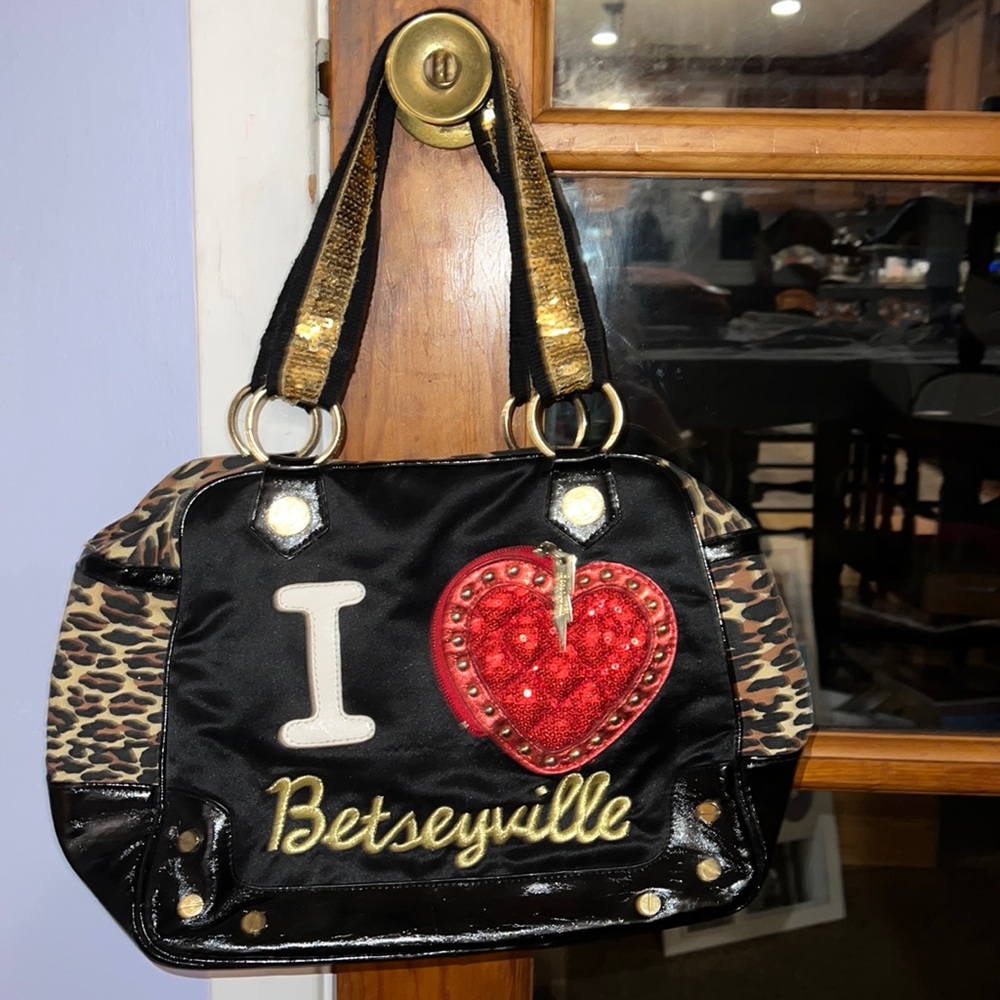 Betsey Johnson “I heart Betseyville” sequins and leopard print bag
